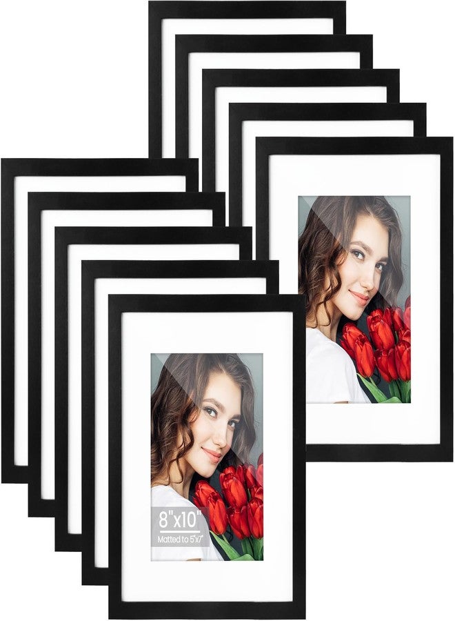 LBECUA 8x10 Picture Frame Set of 10, Wooden Picture Frames Display Photo 8x10 without Mat or 5x7 with Mat, Horizontal and Vertical for Wall and Tabletop, Black - Image 1